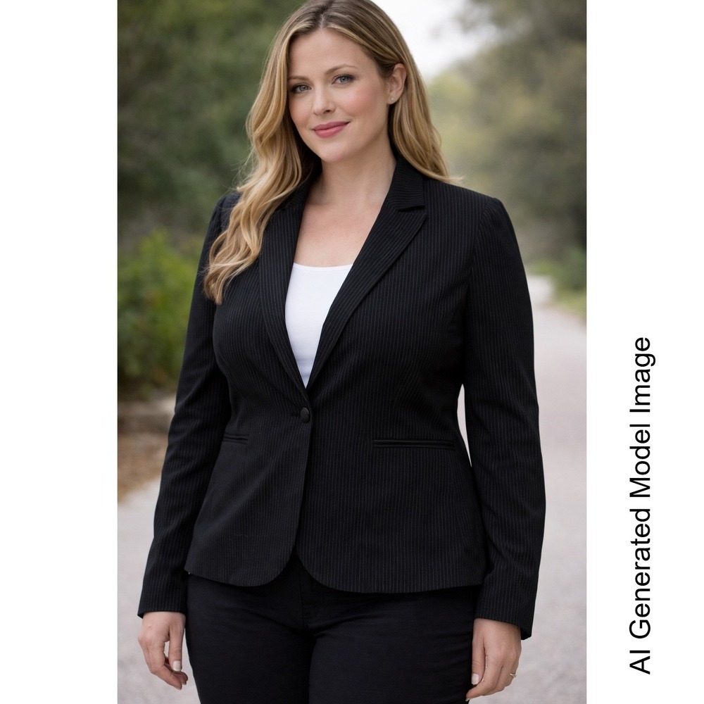 Worthington Stretch Womens Black Pinstripe Single Button Blazer Jacket Size 12